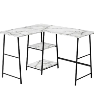 BUREAU D'ORDINATEUR - 48"L / MARBRE BLANC / COIN METAL NOIR ( Meuble Mtl )
