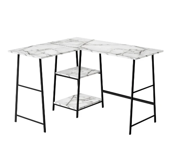 BUREAU D'ORDINATEUR - 48"L / MARBRE BLANC / COIN METAL NOIR ( Meuble Mtl )