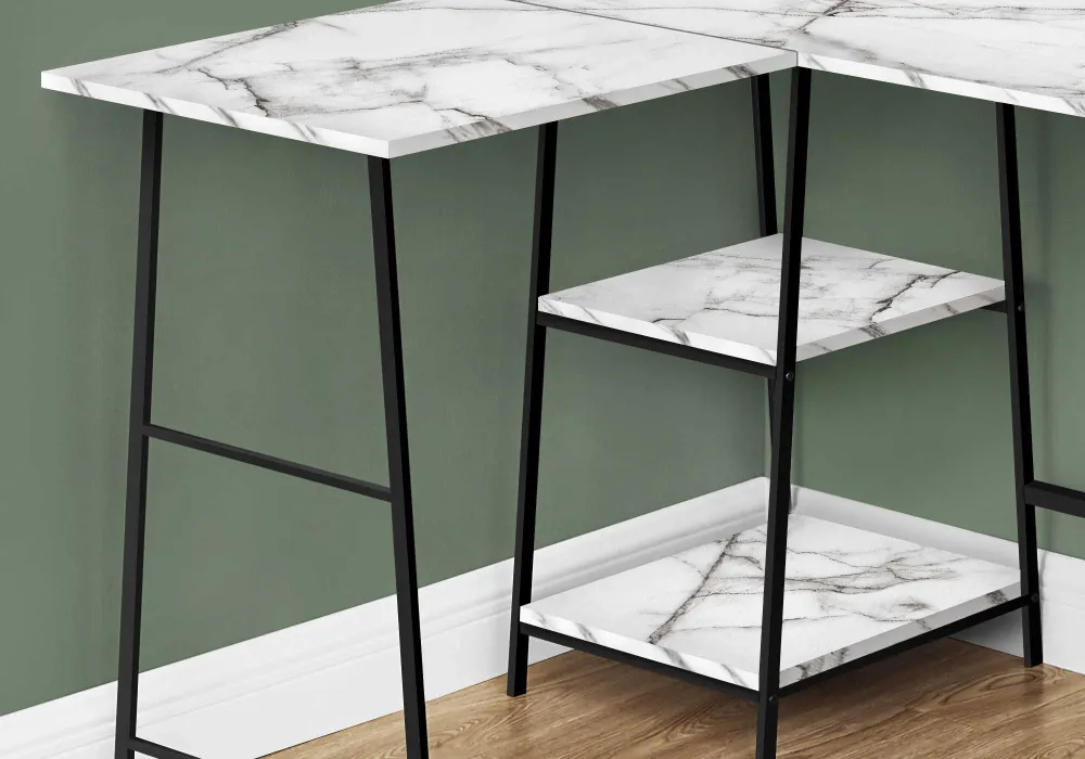 BUREAU D'ORDINATEUR - 48"L / MARBRE BLANC / COIN METAL NOIR ( Meuble Mtl )
