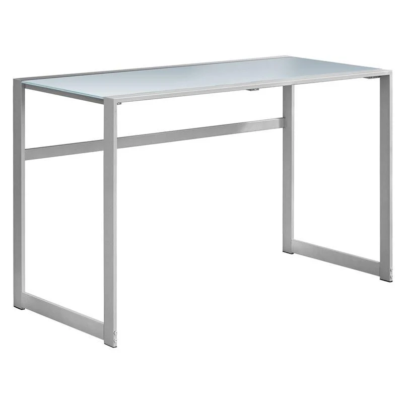 BUREAU D'ORDINATEUR - 48"L / MÉTAL ARGENT/ VERRE TREMPÉ BLANC