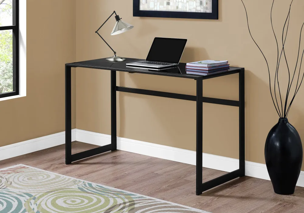 BUREAU D'ORDINATEUR - 48"L / MÉTAL NOIR / VERRE TREMPÉ NOIR