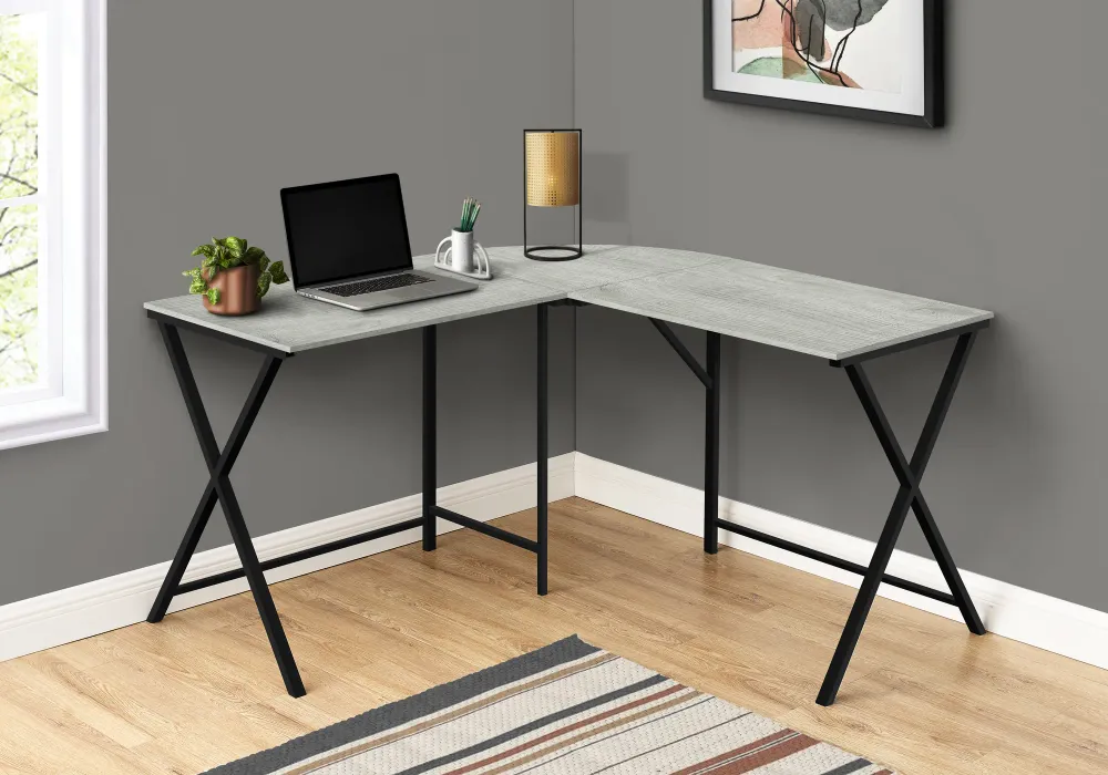 BUREAU D'ORDINATEUR - 55"L / DESSUS GRIS / COIN METAL NOIR