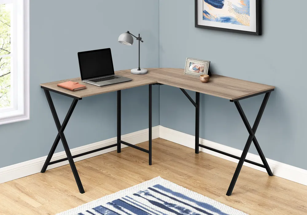 BUREAU D'ORDINATEUR - 55"L / DESSUS TAUPE FONCE / COIN METAL NOIR