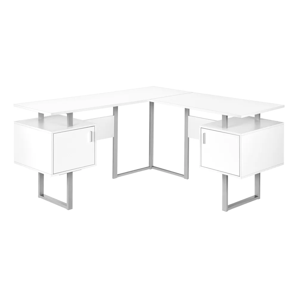 BUREAU D'ORDINATEUR - 58"L / BLANC / COIN METAL ARGENT ( Meuble Mtl )