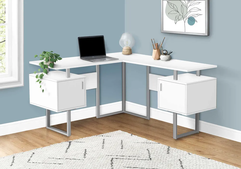 BUREAU D'ORDINATEUR - 58"L / BLANC / COIN METAL ARGENT ( Meuble Mtl )