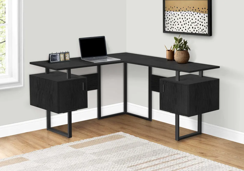 BUREAU D'ORDINATEUR - 58"L / CHENE NOIR / COIN METAL NOIR ( Meuble Mtl )