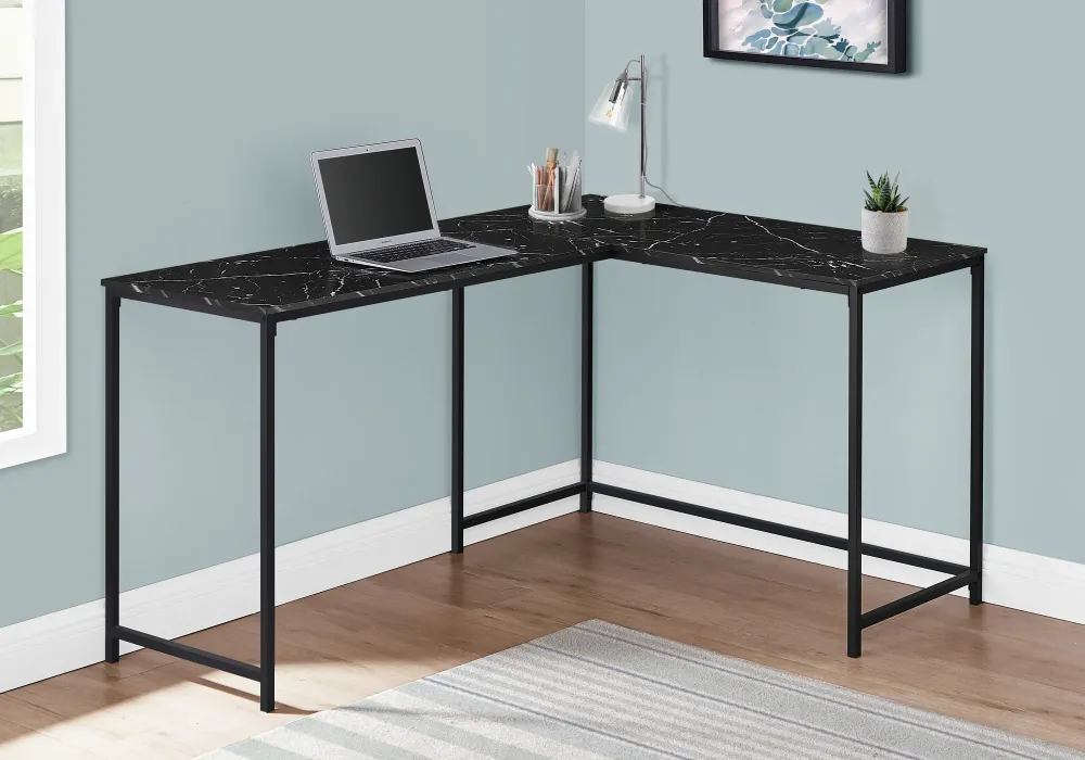 BUREAU D'ORDINATEUR - 58"L / MARBRE NOIR / COIN METAL NOIR