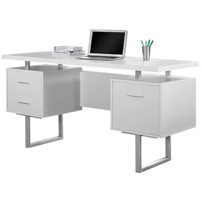 BUREAU D'ORDINATEUR - 60"L / BLANC / METAL ARGENT