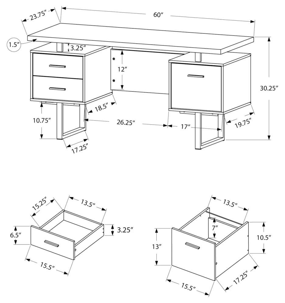 BUREAU D'ORDINATEUR - 60"L / BLANC / METAL ARGENT
