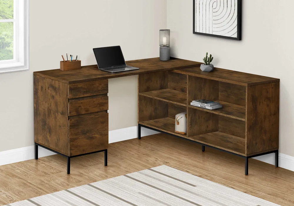 BUREAU D'ORDINATEUR - 60"L / COIN EN L BRUN RUSTIQUE ( Meuble Mtl )