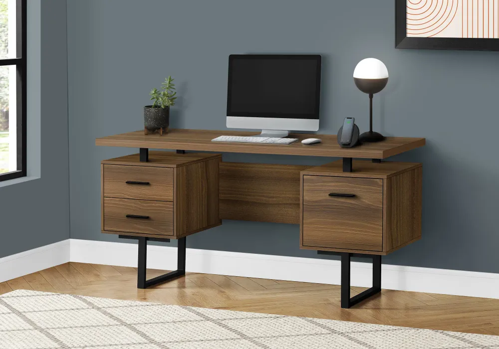 BUREAU D'ORDINATEUR - 60"L / NOYER / METAL NOIR