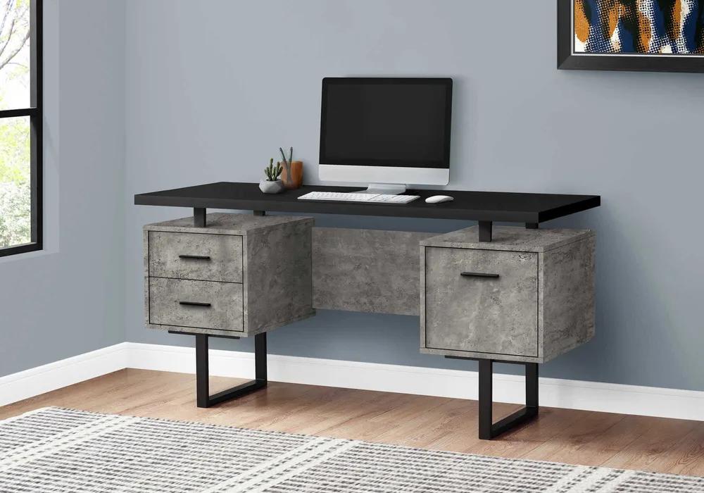 BUREAU D'ORDINATEUR - 60"L/NOIR/BÉTON GRIS/MÉTAL NOIR ( Meuble Mtl )