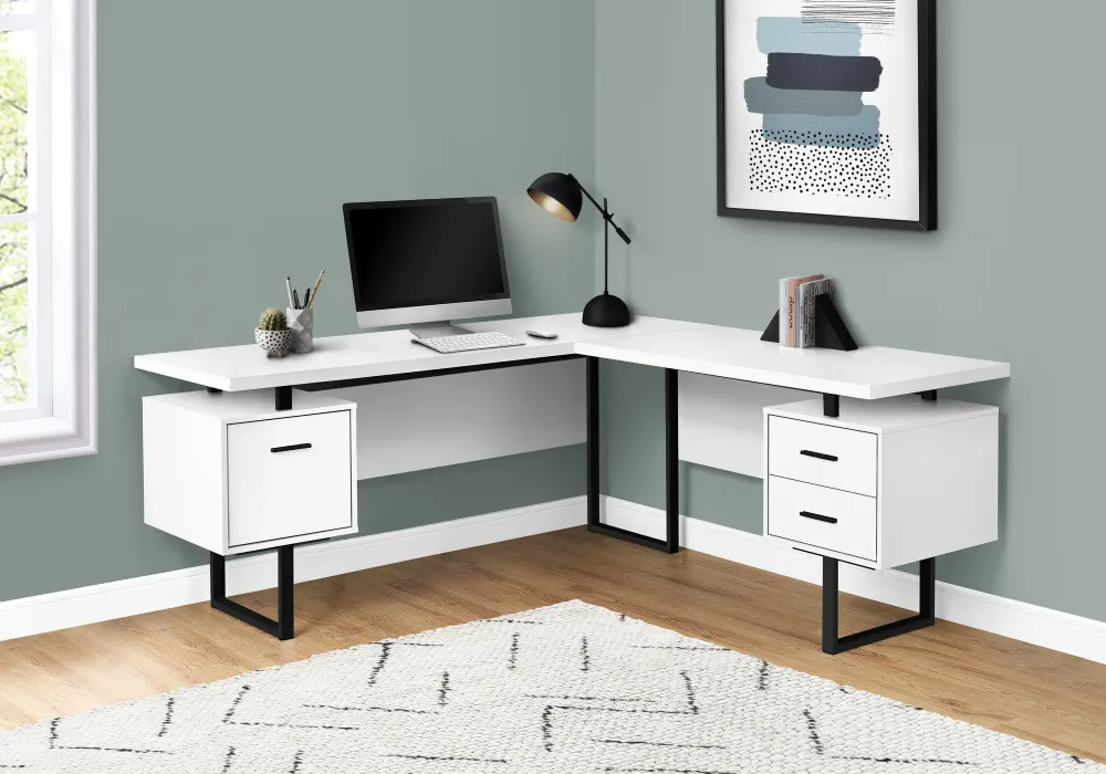 BUREAU D'ORDINATEUR - 70"L / BLANC / METAL NOIR / FACE G/D