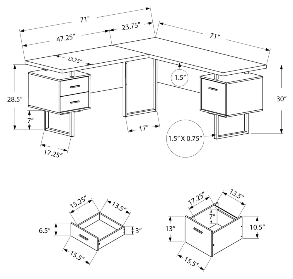 BUREAU D'ORDINATEUR - 70"L / BOIS RÉCUPÉRÉ / MÉTAL NOIR / G/D