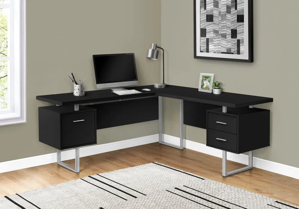 BUREAU D'ORDINATEUR - 70"L / NOIR / METAL ARGENT / FACE G/D