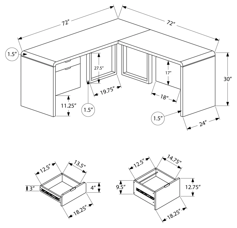 BUREAU D'ORDINATEUR - 72"L / BLANC TRÈS BRILLANT GAUCHE/DROIT FACE ( Meuble Mtl )