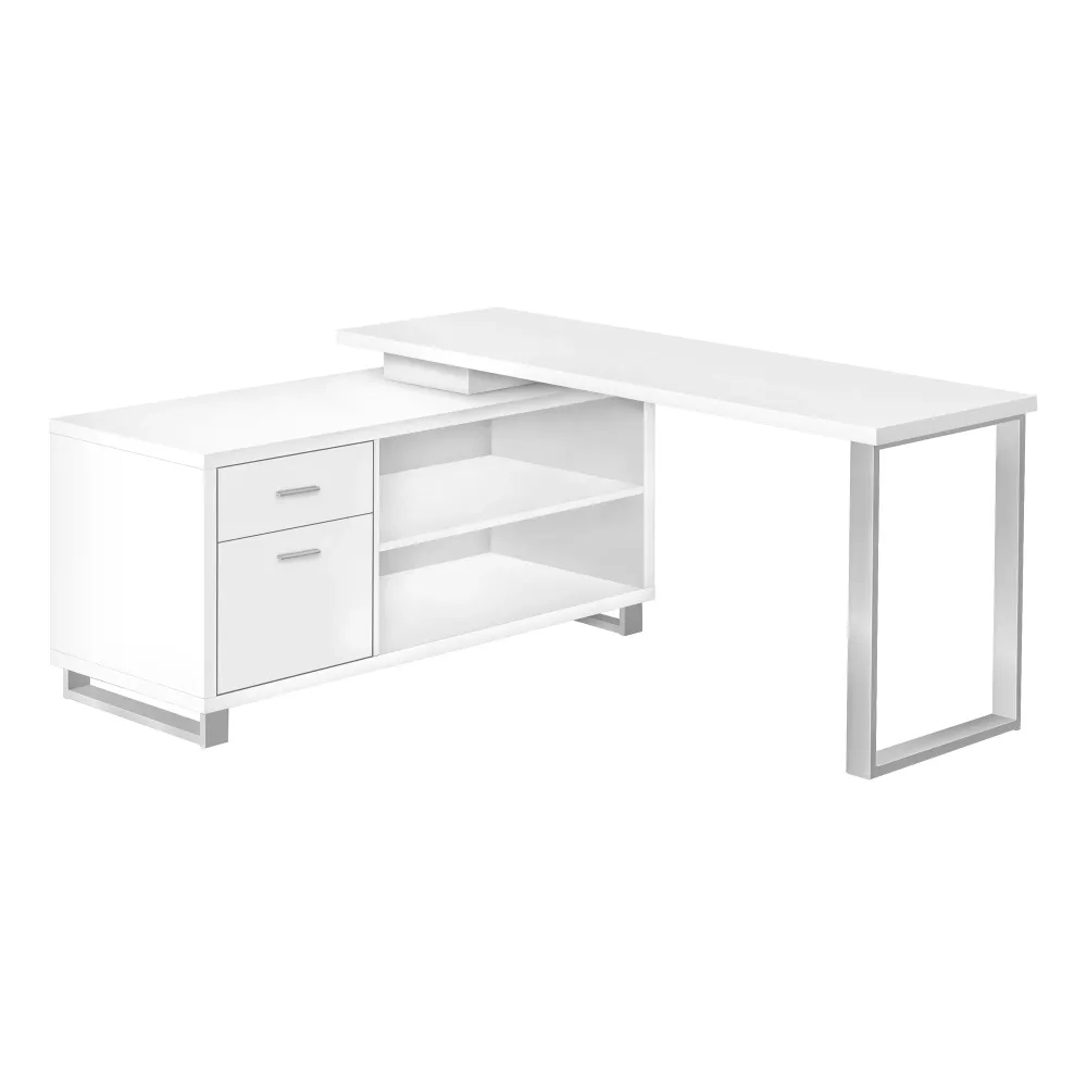 BUREAU D'ORDINATEUR - 72"L EN COIN EXÉCUTIF BLANC / ARGENT ( Meuble Mtl )