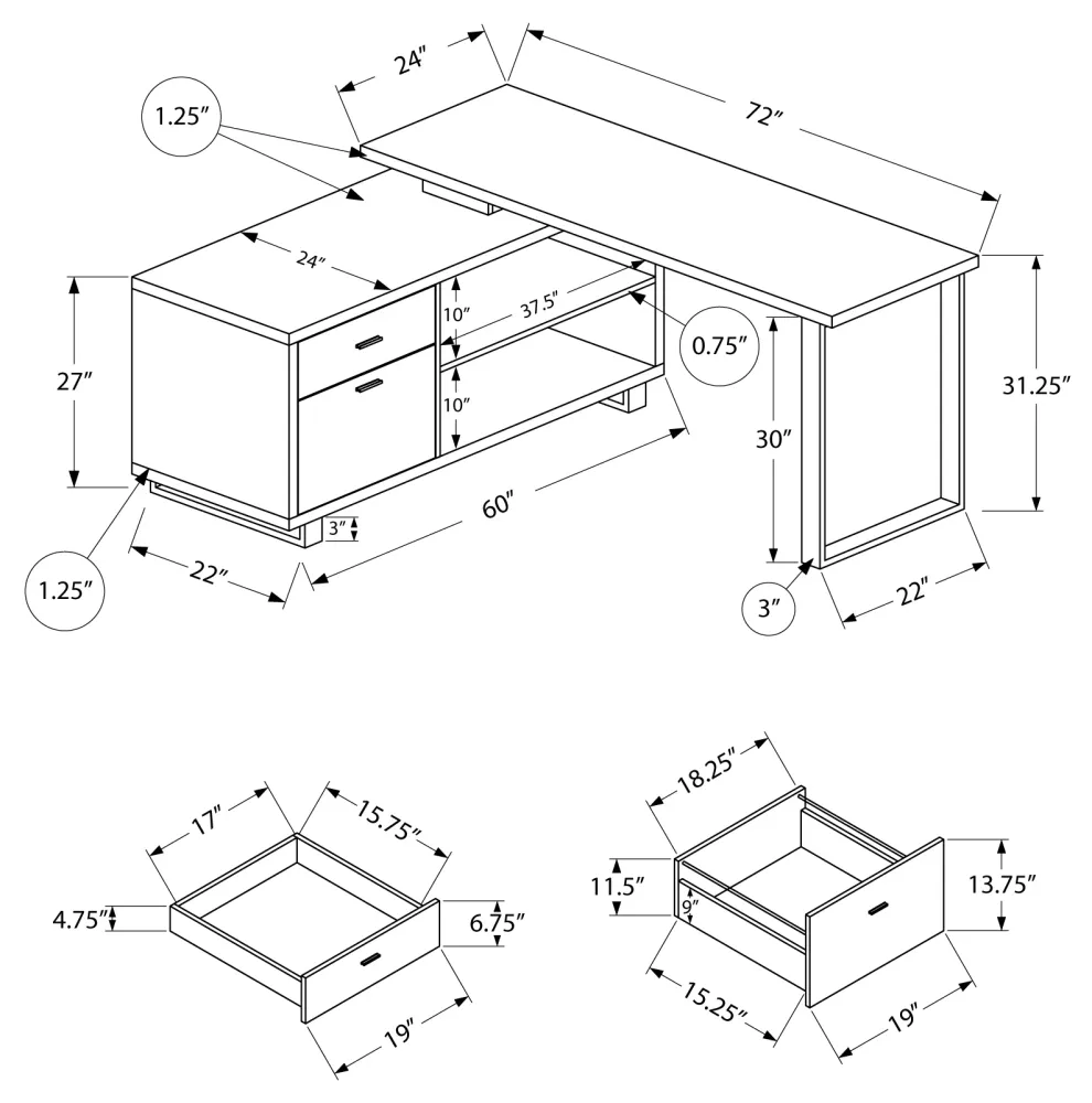 BUREAU D'ORDINATEUR - 72"L EN COIN EXÉCUTIF BLANC / ARGENT ( Meuble Mtl )