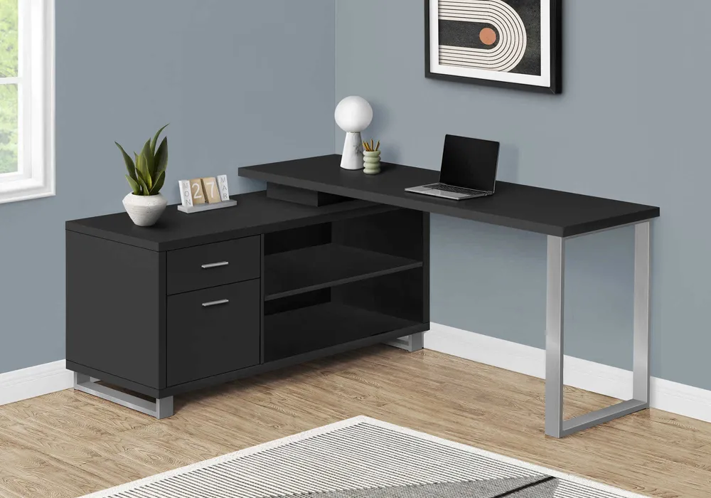 BUREAU D'ORDINATEUR - 72"L COIN EXÉCUTIF NOIR / ARGENT ( Meuble Mtl )