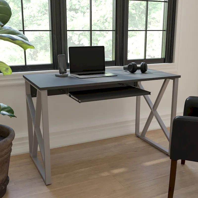 Bureau d'ordinateur avec plateau coulissant pour clavier et structure en croix