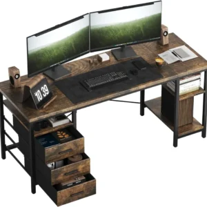 Bureau d'ordinateur avec 3 tiroirs et 3 étagères réglables, 120 x 60 x 75 cm, table PC réversible, table de bureau, pour b...