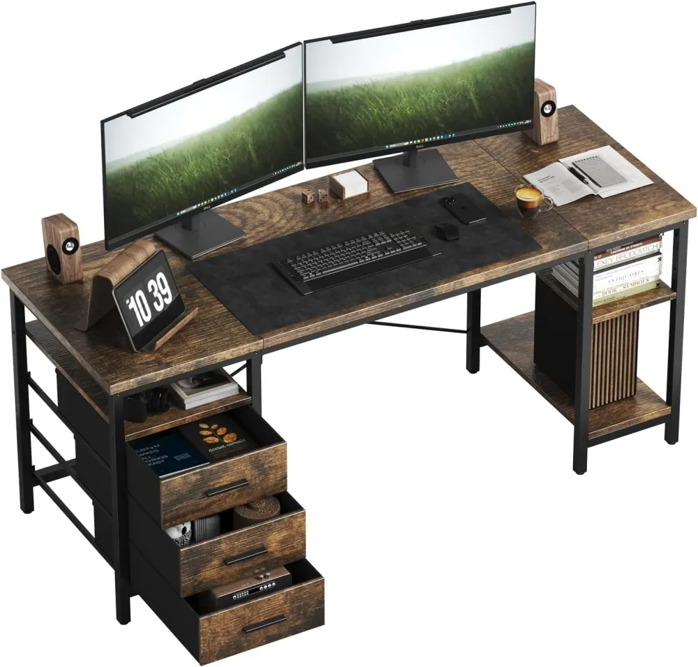Bureau d'ordinateur avec 3 tiroirs et 3 étagères réglables, 120 x 60 x 75 cm, table PC réversible, table de bureau, pour b...