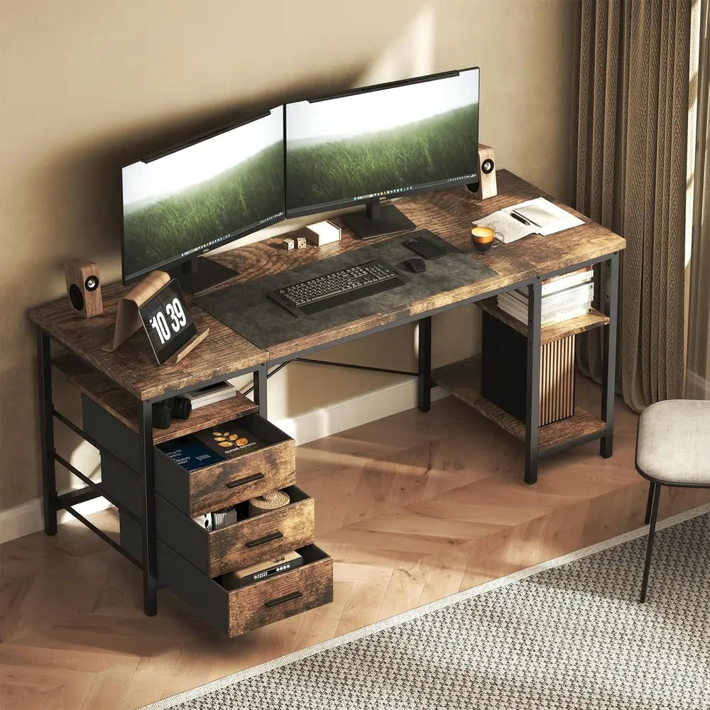 Bureau d'ordinateur avec 3 tiroirs et 3 étagères réglables, 120 x 60 x 75 cm, table PC réversible, table de bureau, pour b...