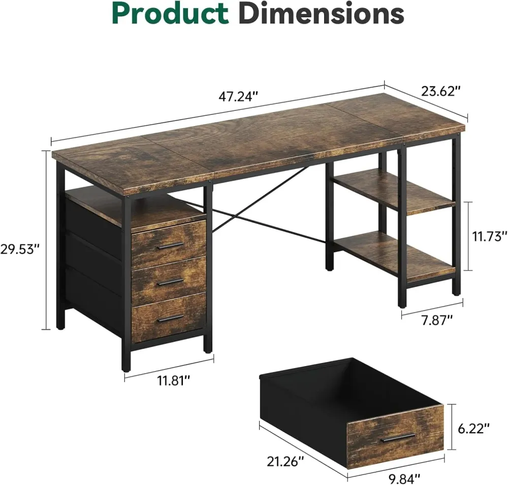 Bureau d'ordinateur avec 3 tiroirs et 3 étagères réglables, 120 x 60 x 75 cm, table PC réversible, table de bureau, pour b...