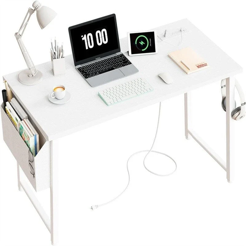 Bureau d'ordinateur blanc de 39 pouces avec prise de courant