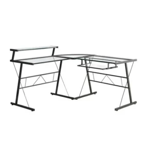 BUREAU D'ORDINATEUR - COIN EN MÉTAL NOIR AVEC VERRE TREMPÉ