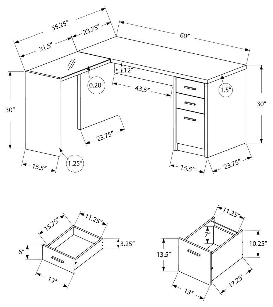 BUREAU D'ORDINATEUR - COIN SUPÉRIEUR NOIR / GRIS AVEC VERRE TREMPÉ