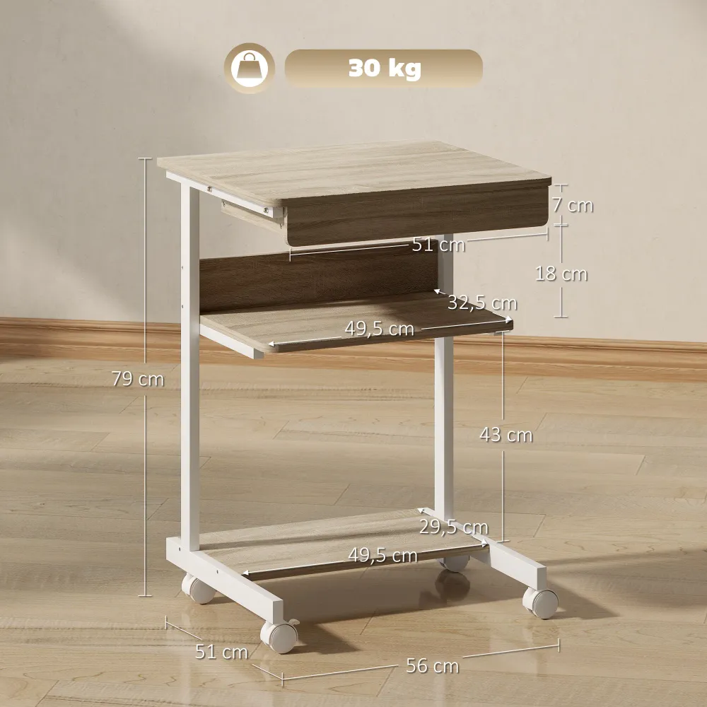 Bureau d'ordinateur sur roues, bureau avec rangement 56 x 51 cm avec tiroir, compartiment et support CPU, table informatiq...