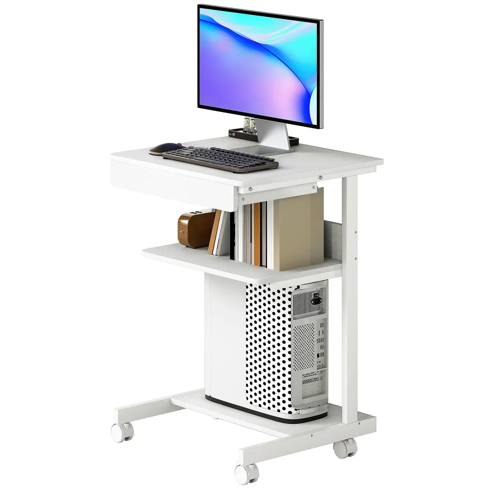 Bureau d'ordinateur sur roues, bureau avec rangement 56 x 51 cm avec tiroir, compartiment et support CPU, table informatiq...