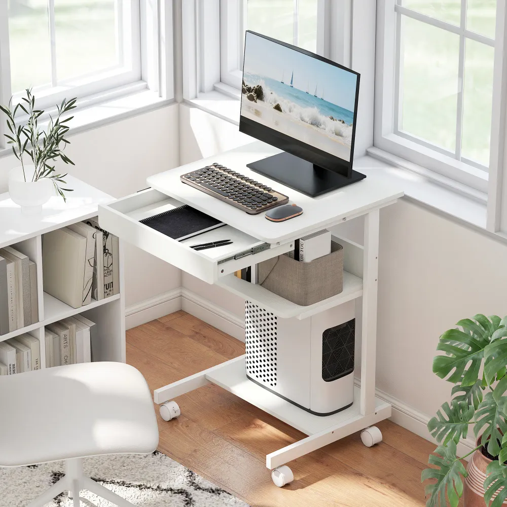 Bureau d'ordinateur sur roues, bureau avec rangement 56 x 51 cm avec tiroir, compartiment et support CPU, table informatiq...