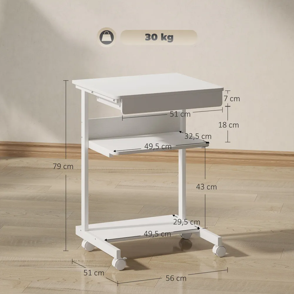 Bureau d'ordinateur sur roues, bureau avec rangement 56 x 51 cm avec tiroir, compartiment et support CPU, table informatiq...