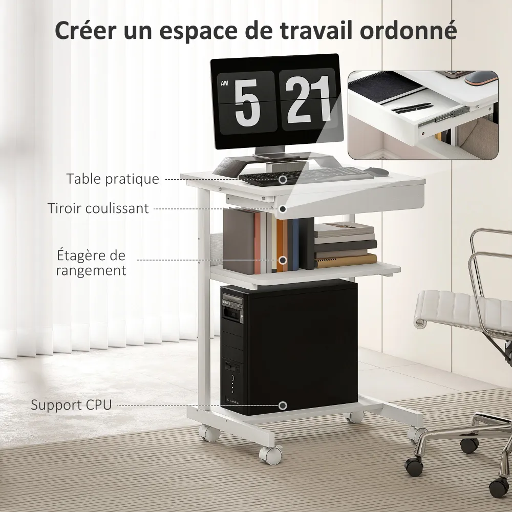 Bureau d'ordinateur sur roues, bureau avec rangement 56 x 51 cm avec tiroir, compartiment et support CPU, table informatiq...