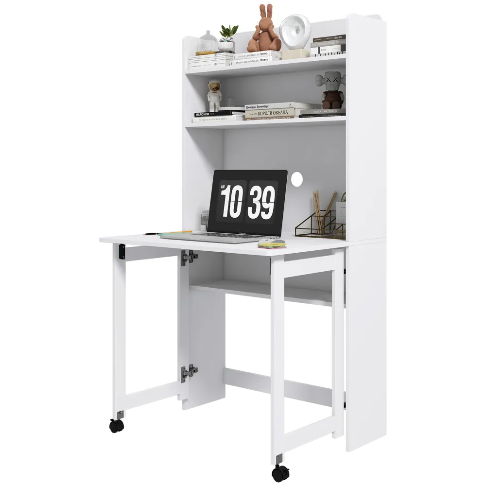 Bureau informatique avec étagères de rangement bureau d'ordinateur avec plateau rabattable et 2 roulettes pour chambre sal...