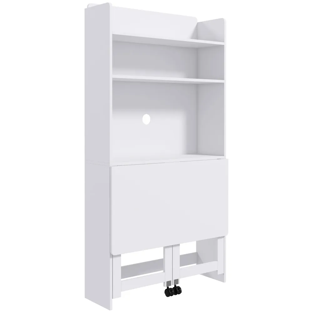 Bureau informatique avec étagères de rangement bureau d'ordinateur avec plateau rabattable et 2 roulettes pour chambre sal...