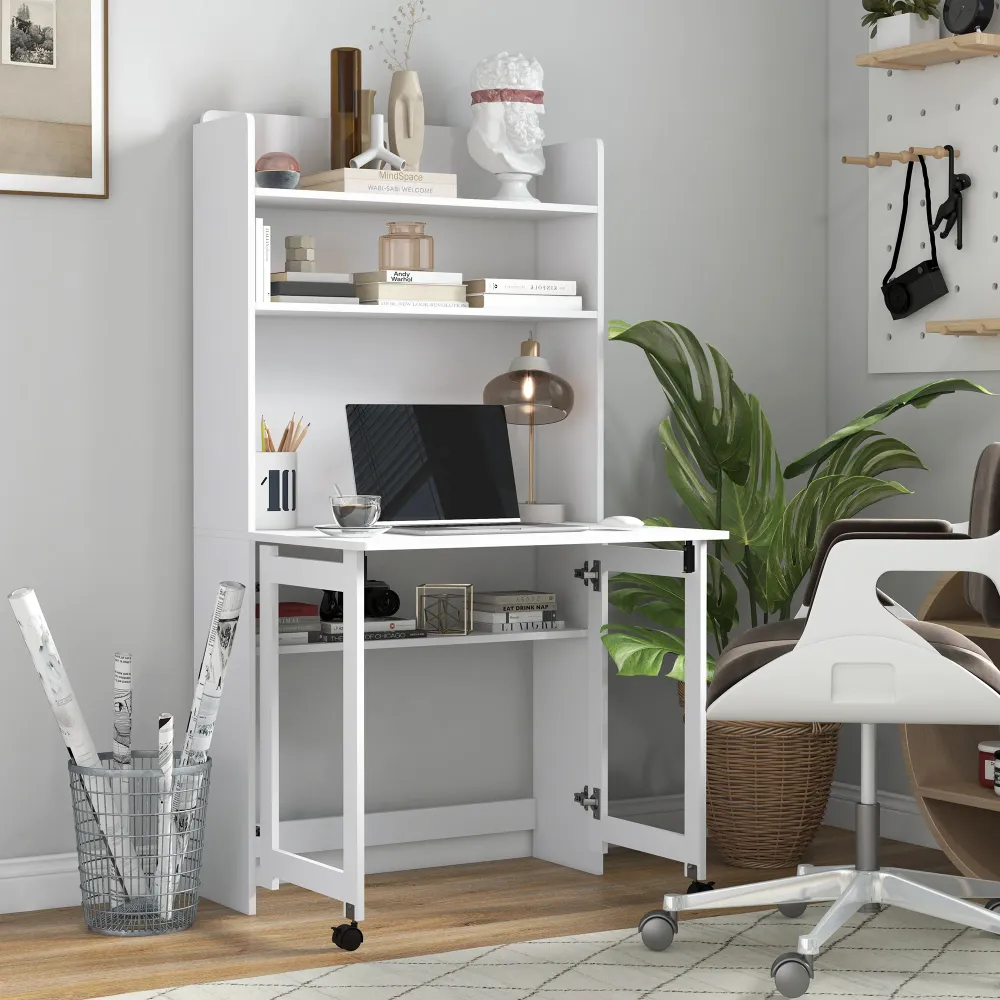Bureau informatique avec étagères de rangement bureau d'ordinateur avec plateau rabattable et 2 roulettes pour chambre sal...