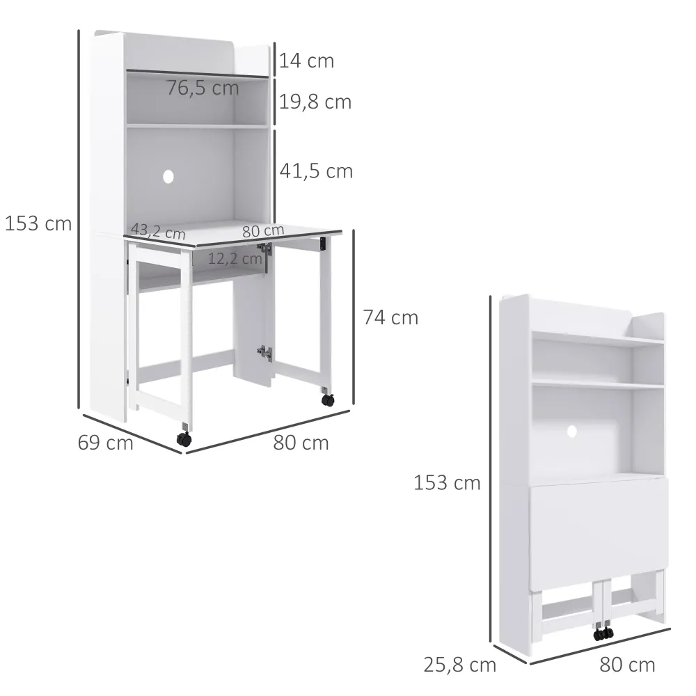 Bureau informatique avec étagères de rangement bureau d'ordinateur avec plateau rabattable et 2 roulettes pour chambre sal...