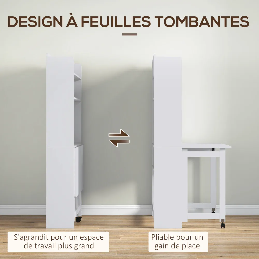 Bureau informatique avec étagères de rangement bureau d'ordinateur avec plateau rabattable et 2 roulettes pour chambre sal...