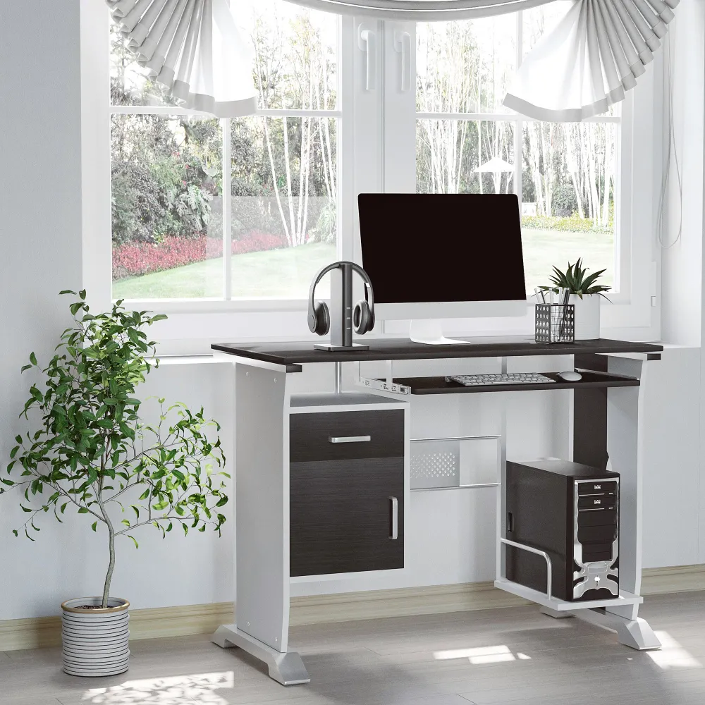 Bureau informatique design 100L x 52l x 75h cm brun noir et blanc