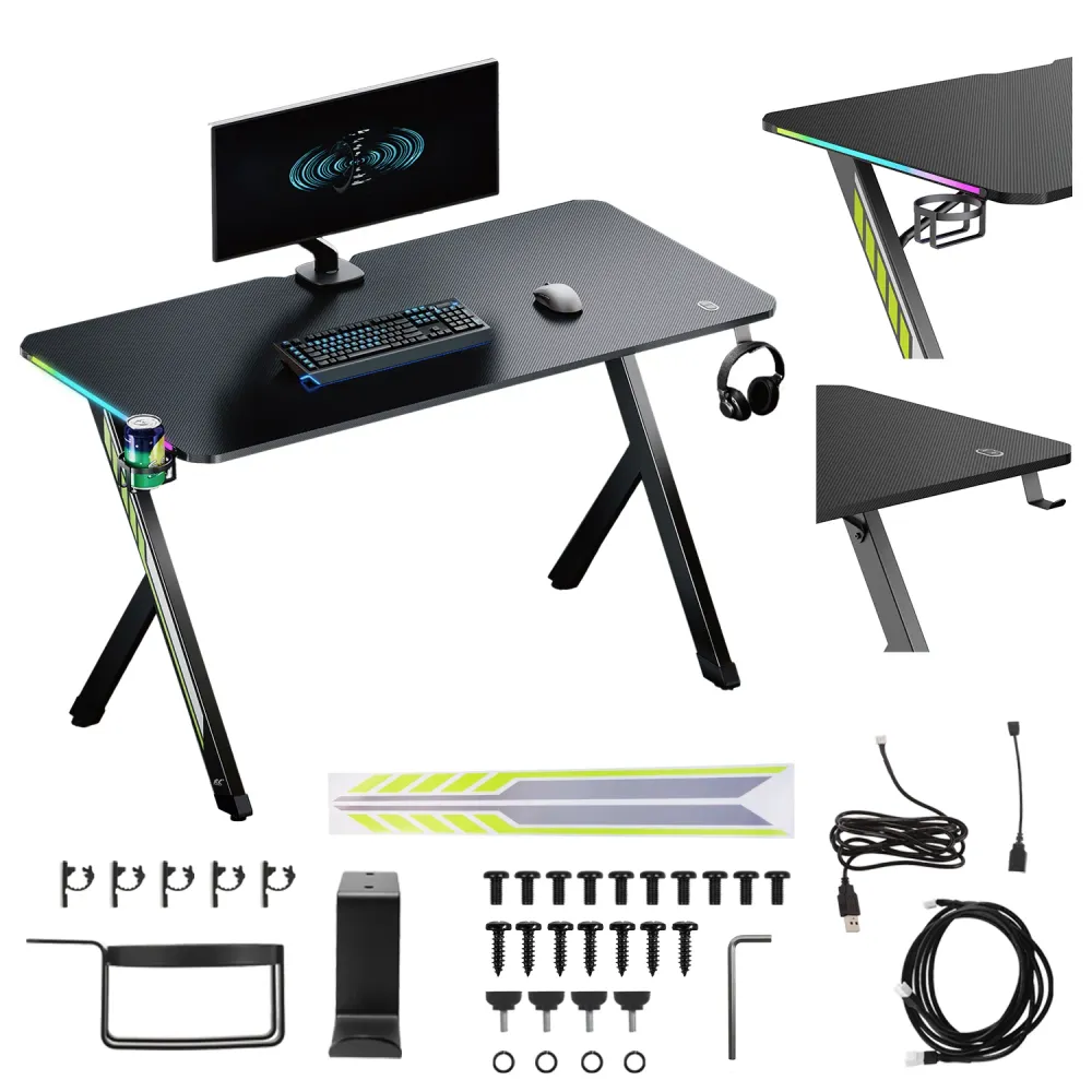 Bureau de jeu NanoRS, noir, avec porte-casque et porte-gobelet, rétro-éclairage RGB, max. 75kg, dimensions 1200x600x750mm,...