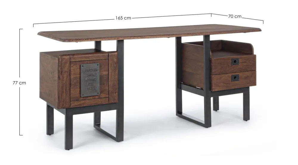 Bureau "Jupiter" avec 2 tiroirs, structure en manguier, style vintage, 165x70x77h