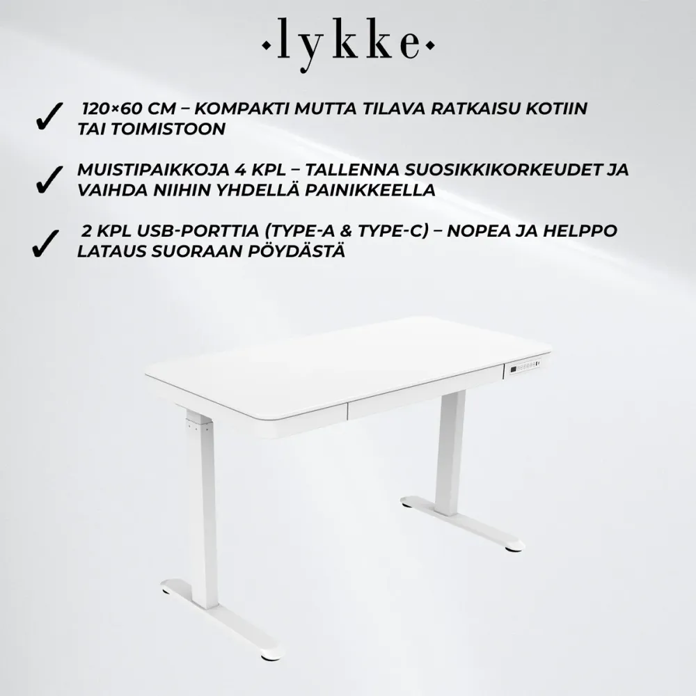 Bureau électrique Lykke 120x60cm Polar, Blanc