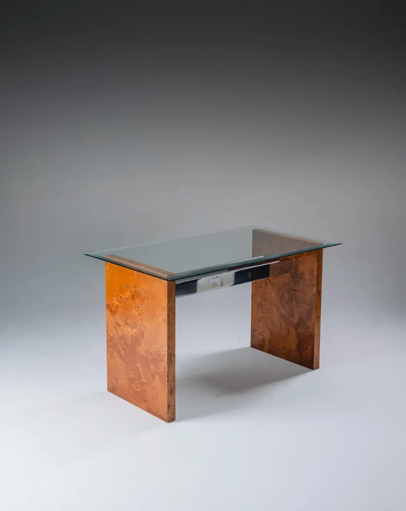BUREAU EN LOUPE D'ORME ET VERRE, 1970S