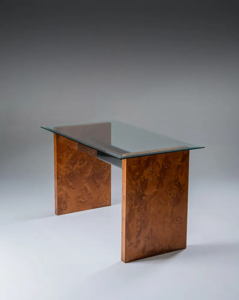 BUREAU EN LOUPE D'ORME ET VERRE, 1970S