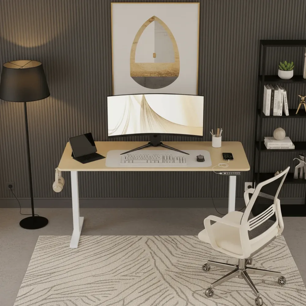 Bureau Assis Debout Électrique 120x60cm Réglable en Hauteur avec Port USB, Fonction Mémoire et Porte Casque Latéral BUREAU...