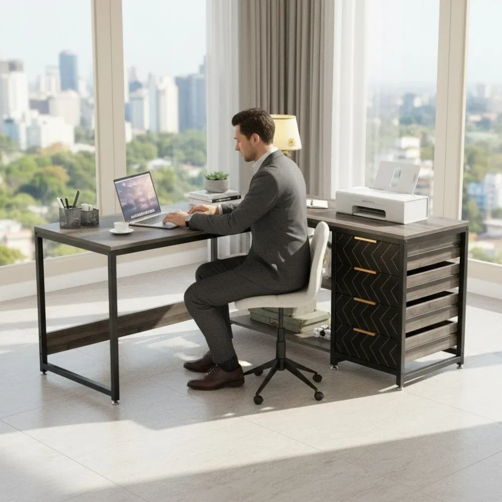 Bureau d'Angle en L 150 cm avec Rangements et Tiroirs Intégrés BUREAU NOMADE