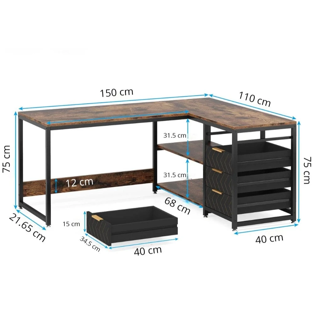 Bureau d'Angle en L 150 cm avec Rangements et Tiroirs Intégrés BUREAU NOMADE